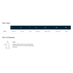 Size chart for clothing with measurements in inches